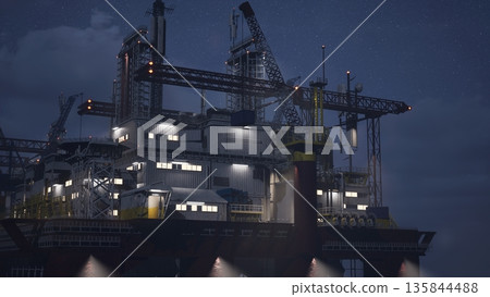 Massive offshore installation barge in ocean doing petrol exploitation at night. Maritime steel platform in deepwater sea equipped with drilling derrick cranes for 24 hour nonstop subsea operations Massive offshore installation barge in ocean doing petrol exploitation at night. Maritime steel platform in deepwater sea equipped with drilling derrick cranes for 24 hour nonstop subsea operations 135844488