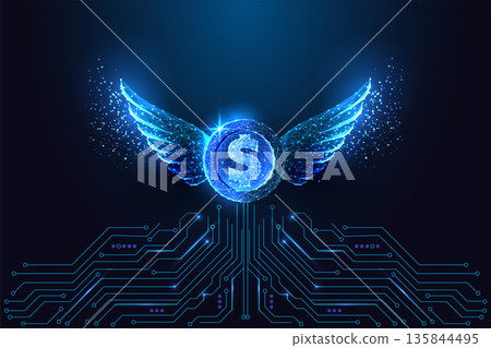 Digital Money with Wings. Fintech Wealth, Flying Dollar Symbol, Low Poly Blue Vector Illustration 135844495