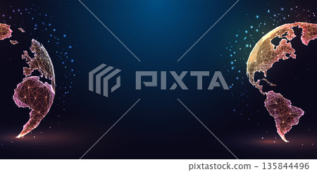 Two hemispheres of glowing digital Earth, global connection and technological transformation vector 135844496