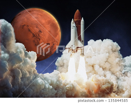 Rocket launch. Liftoff spaceship. Concept of a mission to Mars. 135844585