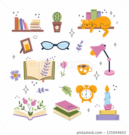 Collection of icons with books. book publishing house or home library. Vector illustration with elements for postcard decor. Collection of icons with books. book publishing house or home library. Vector illustration with elements for postcard decor. 135844603