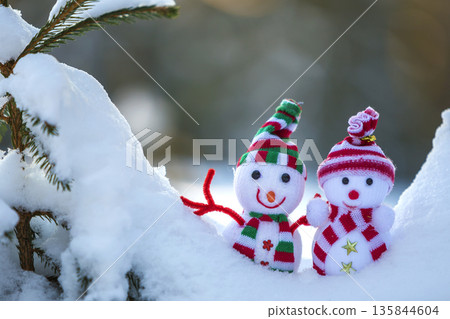Two small funny toys baby snowman in knitted hats and scarves in deep snow outdoors near pine tree branch. Happy New Year and Merry Christmas greeting card. Two small funny toys baby snowman in knitted hats and scarves in deep snow outdoors near pine tree branch. Happy New Year and Merry Christmas greeting card. 135844604