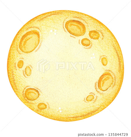 A round, full yellow moon. Hand-drawn watercolor illustration, cartoon. Design for scrapbooking, stickers, and cards. Night, astronomy, holiday, Mid-Autumn Day, Asia, full moon 135844729