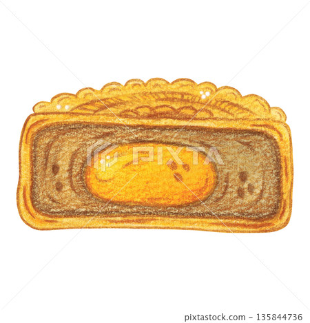 Mooncake cross-section, a treat. Hand-drawn watercolor illustration, cartoon. Design for stickers, scrapbooking, and cards. Holiday, element, food, legend, Asia, China, symbol, Mid-Autumn Festival 135844736