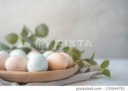 Still life photography combining pale-colored fabric and eggs 135844781