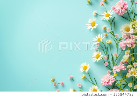 Bright copy space with flowers on a light blue background 135844782