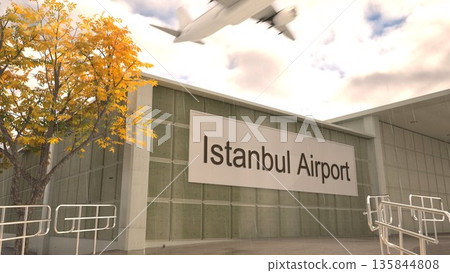 Istanbul Airport sign on terminal building with autumn tree and airplane, Istanbul, Turkey 3D rendering 135844808