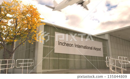 Incheon International Airport sign on terminal building with autumn tree and airplane, Seoul, South Korea 3D rendering Incheon International Airport sign on terminal building with autumn tree and airplane, Seoul, South Korea 3D rendering 135844809