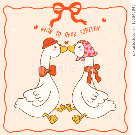 Cute silly goose Valentine couple kissing with bow and bowtie hand drawn cartoon Cute silly goose Valentine couple kissing with bow and bowtie hand drawn cartoon 135845043