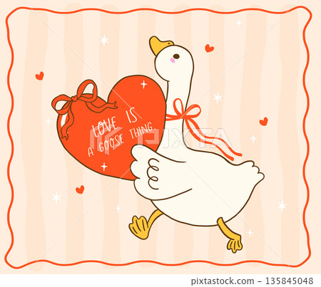 Cute silly goose valentine hugging a red heart running anxiety hand drawn cartoon suitable for shirts sublimation and greeting cards Cute silly goose valentine hugging a red heart running anxiety hand drawn cartoon suitable for shirts sublimation and greeting cards 135845048