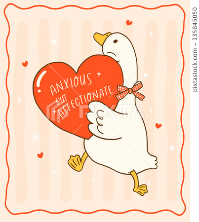 Cute silly goose valentine hugging heart running anxiety hand drawn cartoon suitable for shirts sublimation and greeting cards 135845050