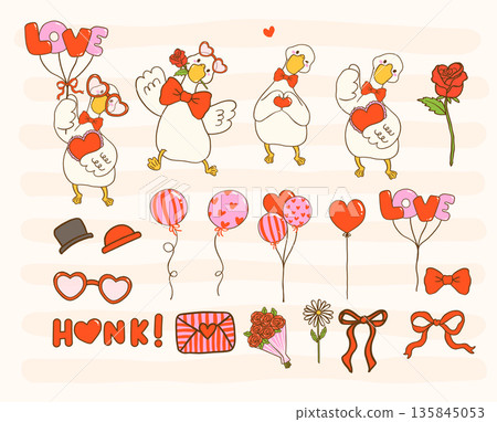 Cute silly goose valentine love delivery hand drawn cartoon element set Cute silly goose valentine love delivery hand drawn cartoon element set 135845053