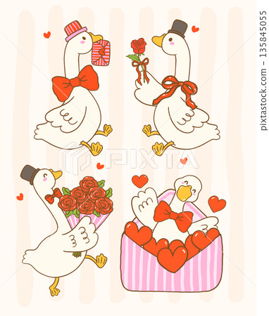 Cute silly goose valentine set love delivery hand drawn cartoon suitable for shirts sublimation and greeting cards Cute silly goose valentine set love delivery hand drawn cartoon suitable for shirts sublimation and greeting cards 135845055