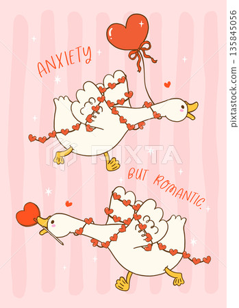 Cute silly goose valentine set, anxeity running with heart garland hand drawn cartoon suitable for shirts sublimation and greeting cards Cute silly goose valentine set, anxeity running with heart garland hand drawn cartoon suitable for shirts sublimation and greeting cards 135845056