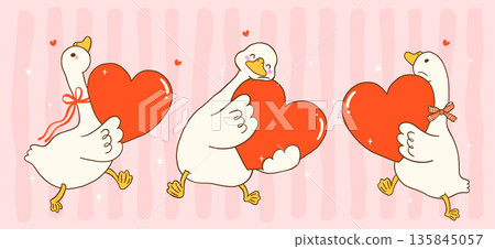Cute silly goose valentine set, hugging heart hand drawn cartoon suitable for shirts sublimation and greeting cards 135845057