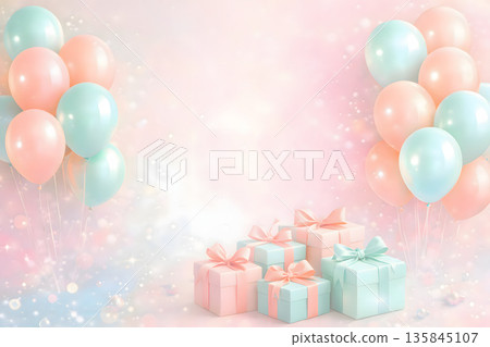 生日背景，配上粉彩色氣球和禮物 135845107