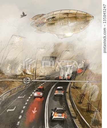 Steampunk Airship Over Highway Traffic 135845247