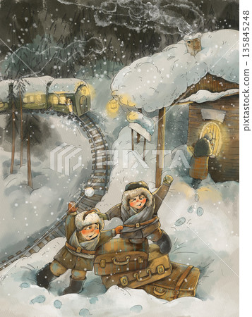 Children With Luggage At Snowy Train Station 135845248