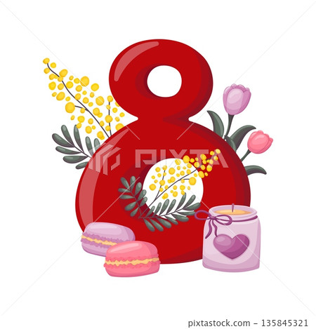 March 8 Number Eight with Flowers Macarons and Candle March 8 Number Eight with Flowers Macarons and Candle 135845321