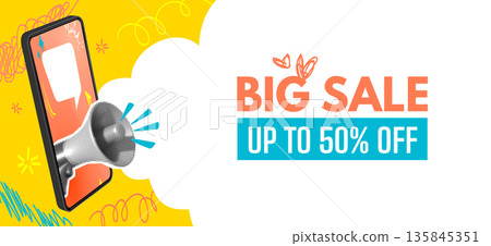 Big Sale Promotion Banner with Smartphone Megaphone, Pop Art Doodles and Cloud Shape. Modern E Commerce Advertising Template for Online Shopping and Marketing Campaigns. Vector Illustration 135845351