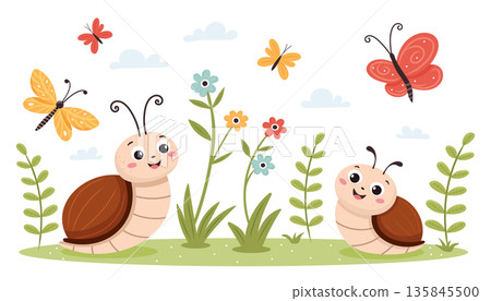Cute beetles and butterflies in a grassy field with flowers and clouds. Cute beetles and butterflies in a grassy field with flowers and clouds. 135845500
