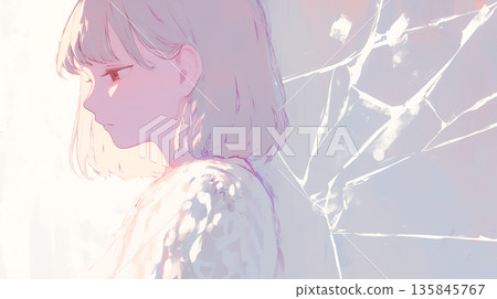 Illustration of a profile of a sad girl looking down against an abstract cracked background 135845767
