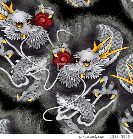 A Japanese-style pattern featuring a fierce, hand-drawn dragon. A Japanese-style pattern featuring a fierce, hand-drawn dragon. 135845950