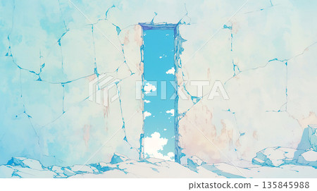 An illustration of a bright blue sky visible through a square hole in a cracked wall 135845988