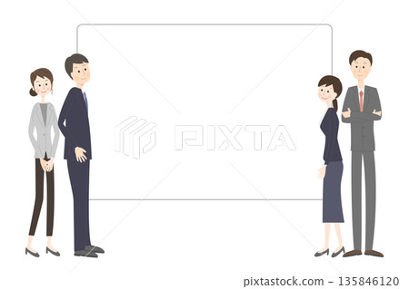 Men and women in suits looking at a large white board Men and women in suits looking at a large white board 135846120