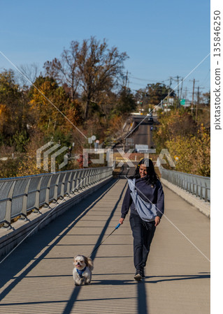 A woman is walking her dog on a bridge 135846250