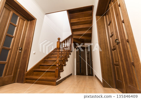 Modern brown oak wooden stairs and doors in new renovated house interior Modern brown oak wooden stairs and doors in new renovated house interior 135846409