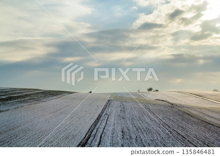 Sunrise over winter green field. Rural landscape. Sunrise over winter green field. Rural landscape. 135846481