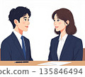 Illustration of a meeting and conversation scene between Japanese male and female employees | Flat design, AI-generated image 135846494