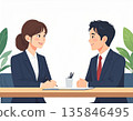 Illustration of a meeting and conversation scene between Japanese male and female employees | Flat design, AI-generated image 135846495