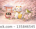 春日招財貓祝福/春日招財貓、富士山和櫻花 135846545