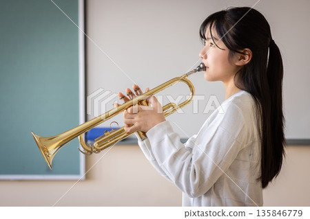 Profile of a girl playing the trumpet 135846779