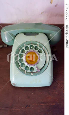 Top View of Vintage Green Rotary Dial Telephone 135846787