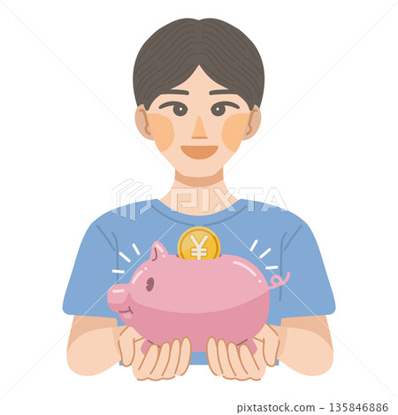 圖：一位面帶微笑的男子手捧存錢罐 135846886