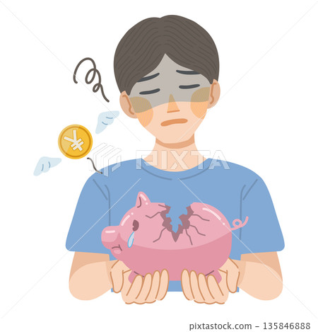 一幅插圖,描繪了一個男人因破損的存錢罐裡的錢不見了而感到悲傷。 一幅插圖,描繪了一個男人因破損的存錢罐裡的錢不見了而感到悲傷。 135846888