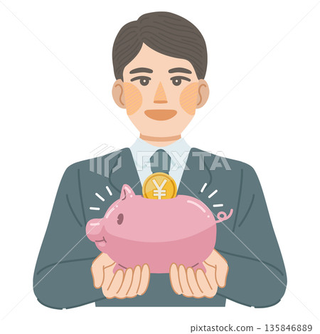 Illustration of a man in a suit smiling and holding a piggy bank Illustration of a man in a suit smiling and holding a piggy bank 135846889