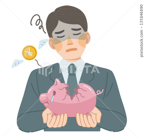 Illustration of a man in a suit sad about the money disappearing from a broken piggy bank Illustration of a man in a suit sad about the money disappearing from a broken piggy bank 135846890