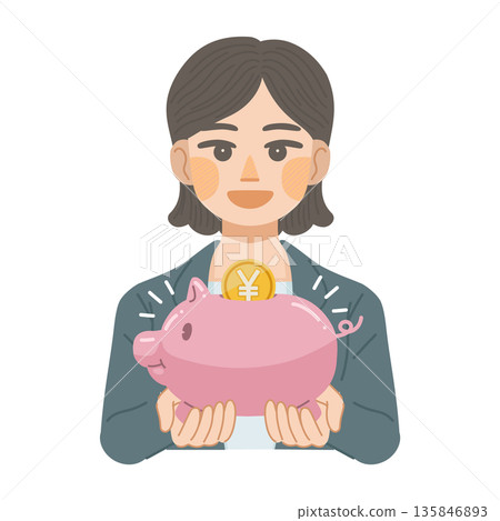 圖解：一位身穿西裝的女士面帶微笑，手中拿著存錢罐 135846893
