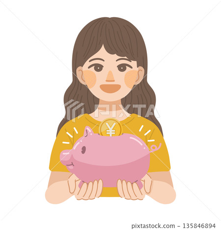 Illustration of a smiling woman holding a piggy bank 135846894