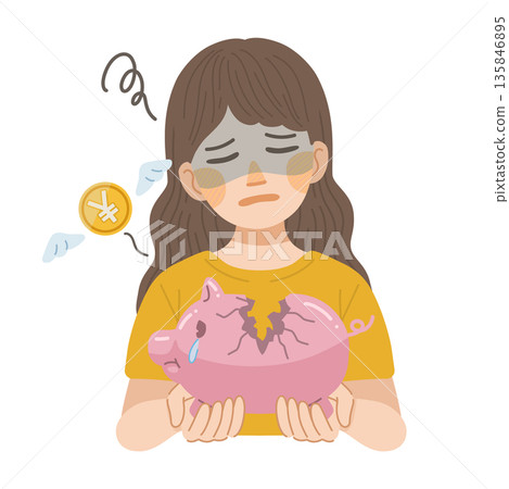 Illustration of a woman sad about her money disappearing from a broken piggy bank Illustration of a woman sad about her money disappearing from a broken piggy bank 135846895