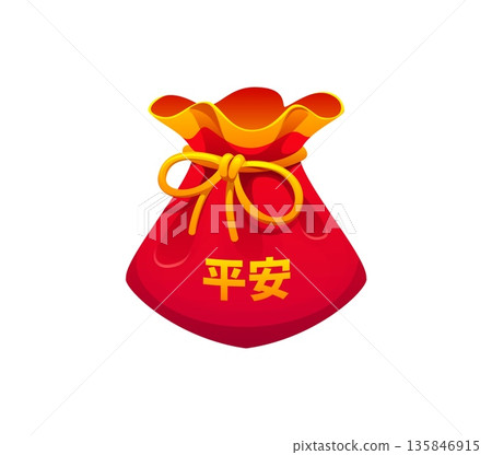 Chinese fortune pouch decorated with hieroglyph meaning peace and safety. Red lucky money bag tied with golden cord. Festive cartoon vector wallet for Lunar New Year celebration symbol of protection Chinese fortune pouch decorated with hieroglyph meaning peace and safety. Red lucky money bag tied with golden cord. Festive cartoon vector wallet for Lunar New Year celebration symbol of protection 135846915