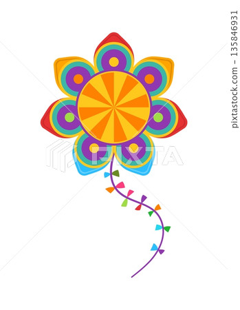 Color festival paper kite with flower shape. Flower kite with orange sunburst circle and long curved tail with small bow ties. Cartoon vector children toy for traditional summer games Color festival paper kite with flower shape. Flower kite with orange sunburst circle and long curved tail with small bow ties. Cartoon vector children toy for traditional summer games 135846931