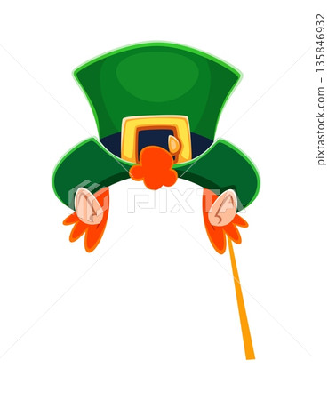St Patricks leprechaun top hat photo booth mask. Spring holiday vector mask, Irish Saint Patrick day kids photo booth costume element or prop with green top hat, golden buckle, leprechaun ears St Patricks leprechaun top hat photo booth mask. Spring holiday vector mask, Irish Saint Patrick day kids photo booth costume element or prop with green top hat, golden buckle, leprechaun ears 135846932