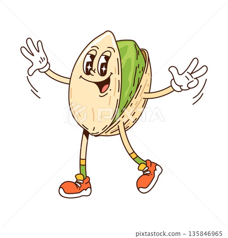 Funky groovy pistachio nut with funny face, cartoon vector character. Groovy pistachio nut comic emoji or cartoon character in hipster shoes with freaky psychedelic emotion and shining eyes or smile 135846965