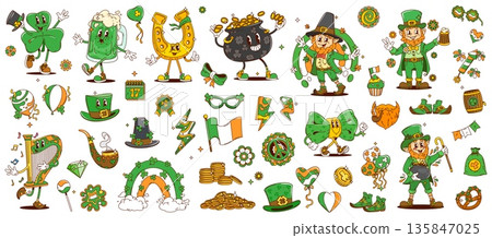 Cartoon groovy Saint Patrick's Day funny characters for Irish holiday, vector emoji. St Patrick groovy leprechaun with horseshoe and funny shamrock clover or rainbow and Irish flag with happy face Cartoon groovy Saint Patrick's Day funny characters for Irish holiday, vector emoji. St Patrick groovy leprechaun with horseshoe and funny shamrock clover or rainbow and Irish flag with happy face 135847025