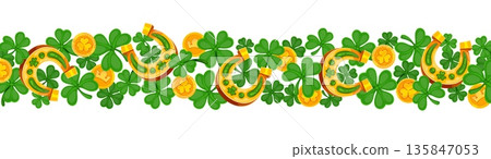 Happy Saint Patrick's day holiday border frame with horseshoes, shamrock clovers and golden coins. Cartoon vector festive trim, symbolizes luck, prosperity, Irish traditions and holiday celebrations Happy Saint Patrick's day holiday border frame with horseshoes, shamrock clovers and golden coins. Cartoon vector festive trim, symbolizes luck, prosperity, Irish traditions and holiday celebrations 135847053